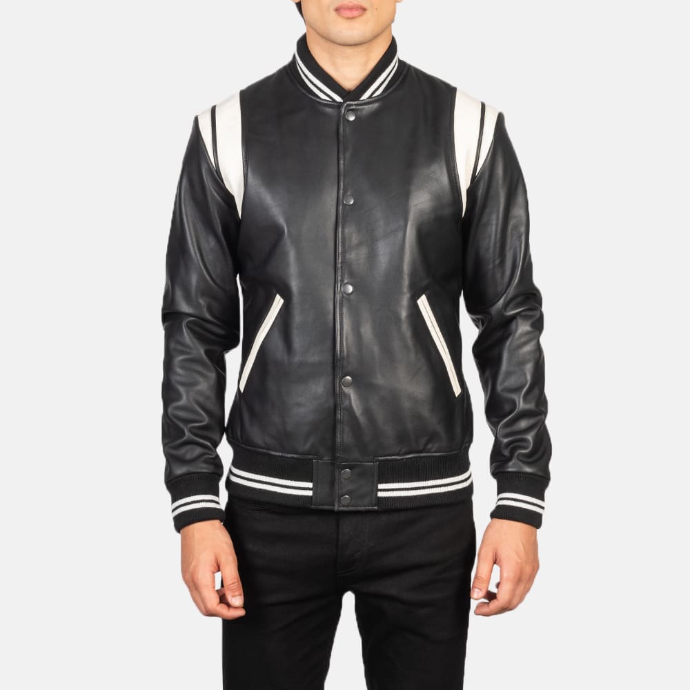 Vandro Black & White Leather Varsity Jacket for Men