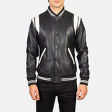 Vandro Black & White Leather Varsity Jacket for Men