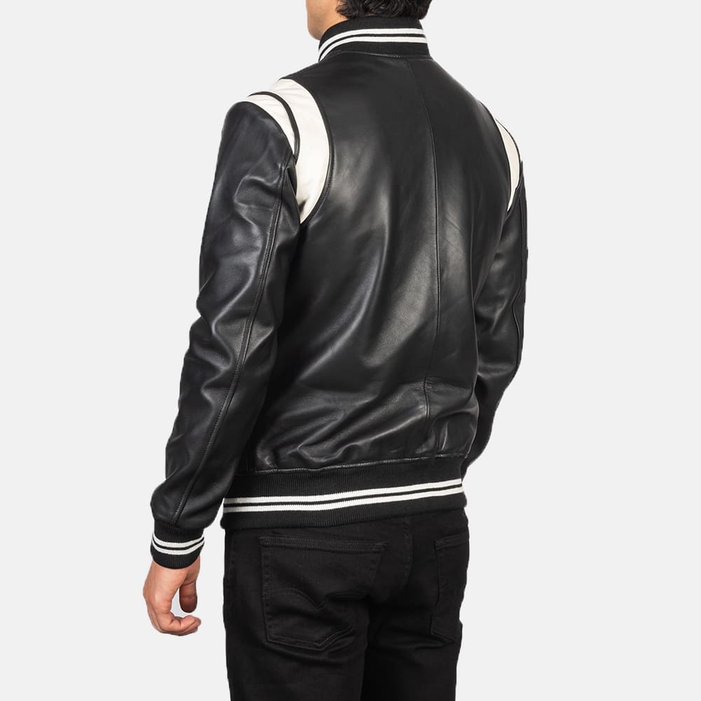 Vandro Black & White Leather Varsity Jacket for Men