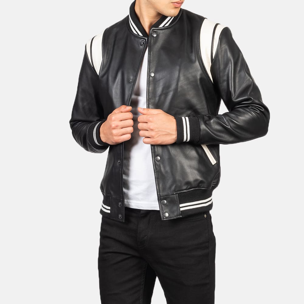 Vandro Black & White Leather Varsity Jacket for Men