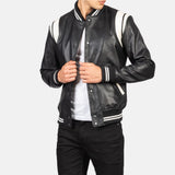 Vandro Black & White Leather Varsity Jacket for Men
