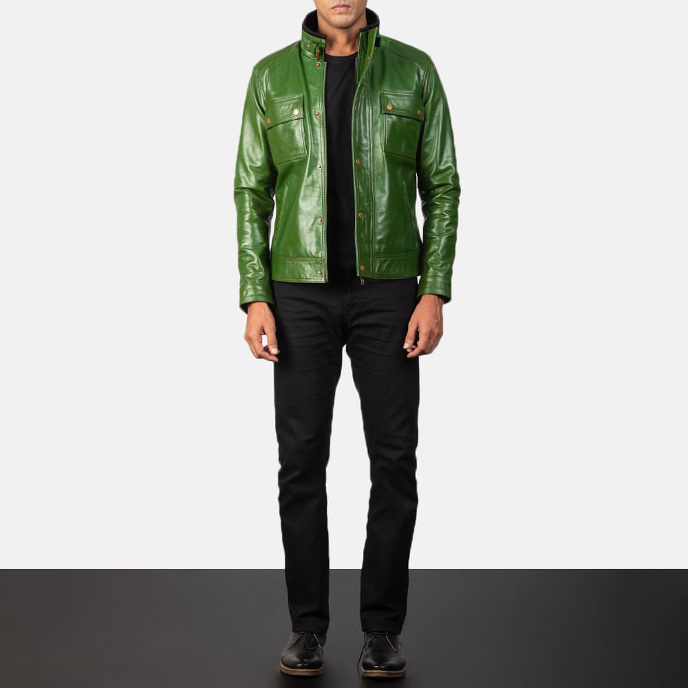Darren Men's Distressed Green Leather Biker Jacket