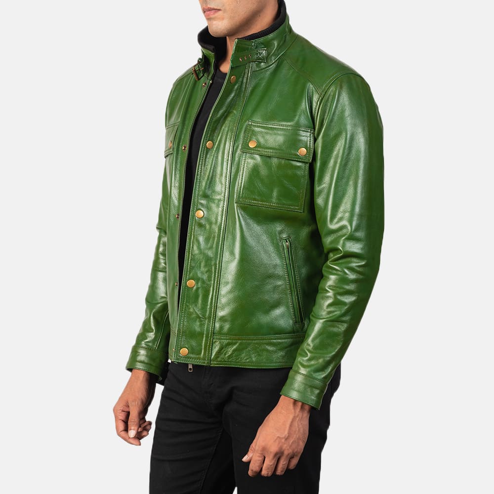 Darren Men's Distressed Green Leather Biker Jacket