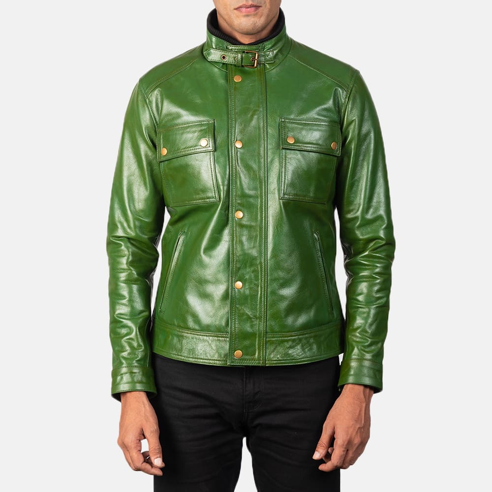 Darren Men's Distressed Green Leather Biker Jacket
