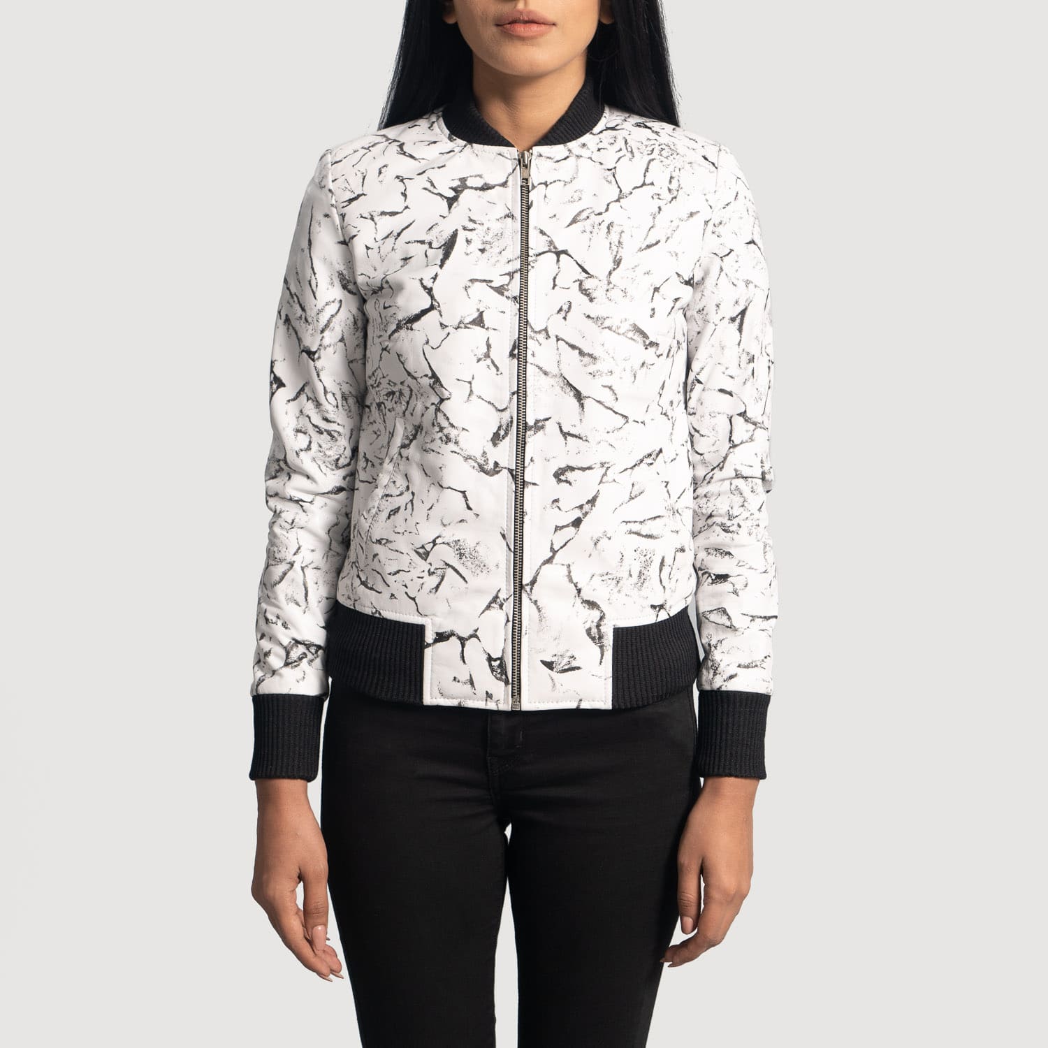 Ivory Mist White Leather Bomber Jacket for Women