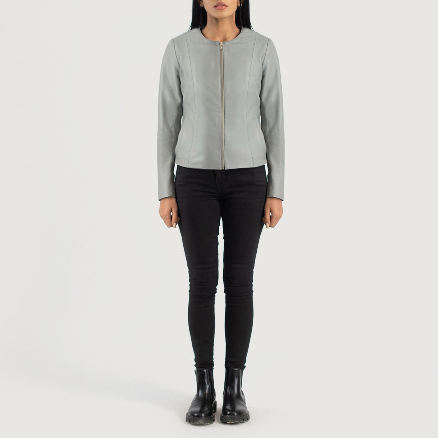 Nova Grey Collarless Leather Jacket for Women