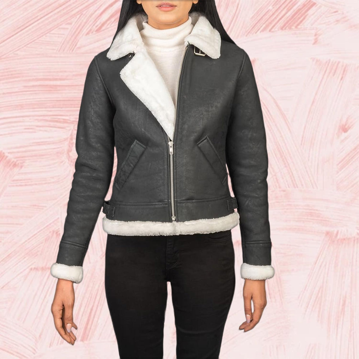 Elowen B-3 Black & White Shearling Leather Bomber Jacket for Women