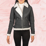 Elowen B-3 Black & White Shearling Leather Bomber Jacket for Women