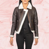 Elowen B-3 Brown Shearling Leather Bomber Jacket for Women
