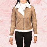 Elowen B-3 Distressed Brown Shearling Leather Bomber Jacket for Women