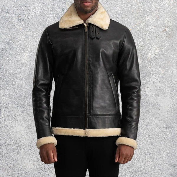 Falcon B-3 Black & Cream Leather Bomber Jacket for Men