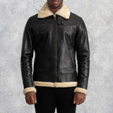 Falcon B-3 Black & Cream Leather Bomber Jacket for Men