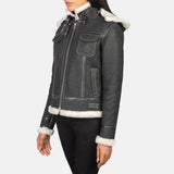 Selene Black Shearling Hooded Leather Jacket for Women