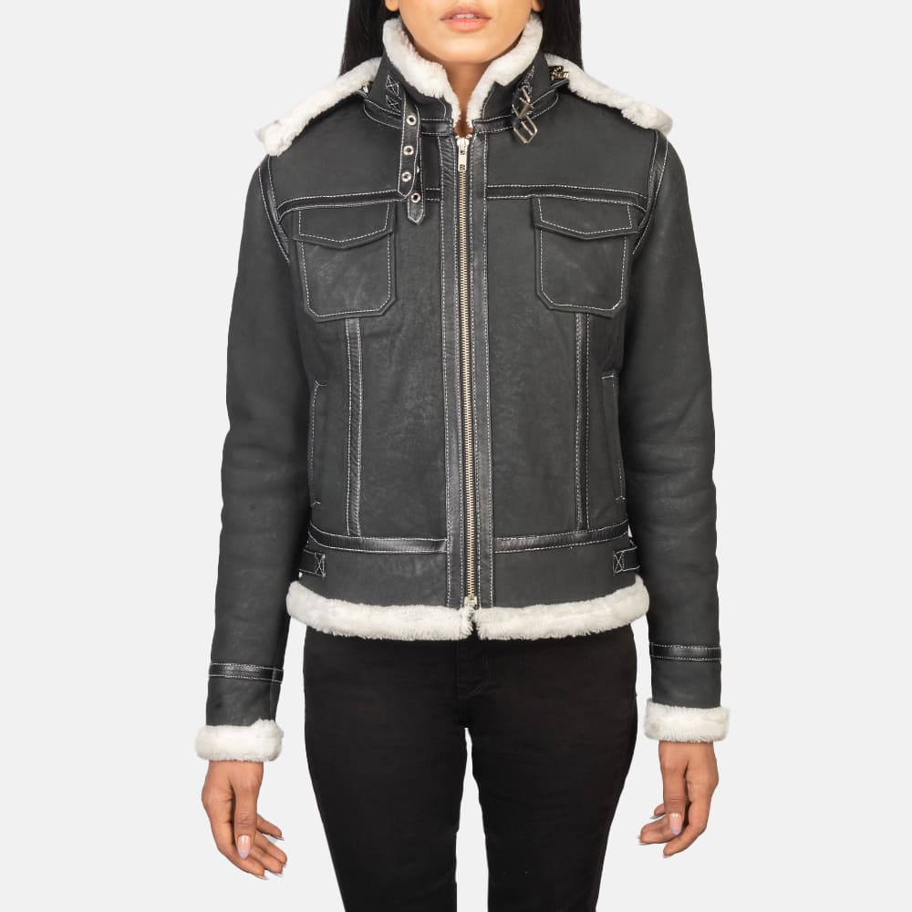 Selene Black Shearling Hooded Leather Jacket for Women