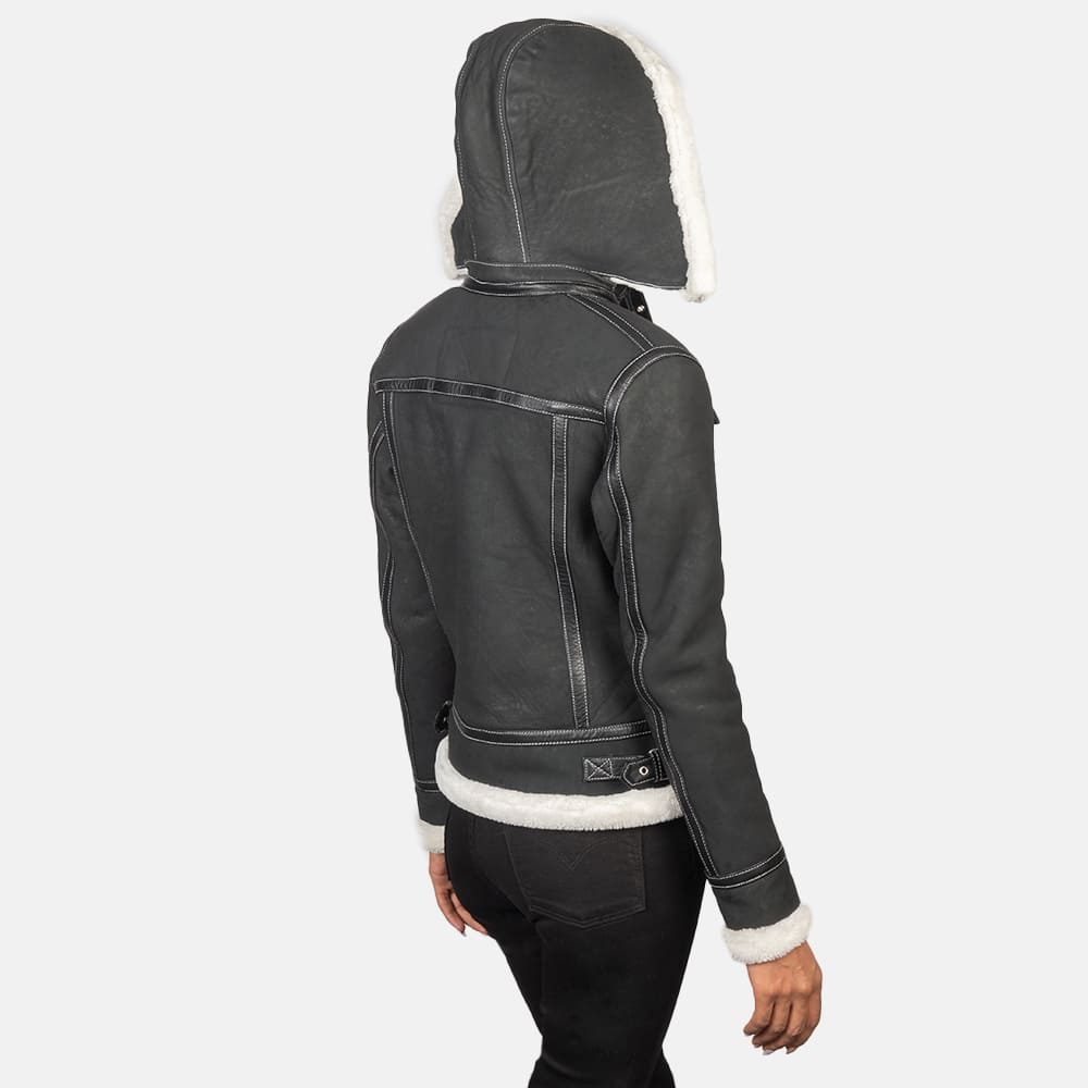Selene Black Shearling Hooded Leather Jacket for Women