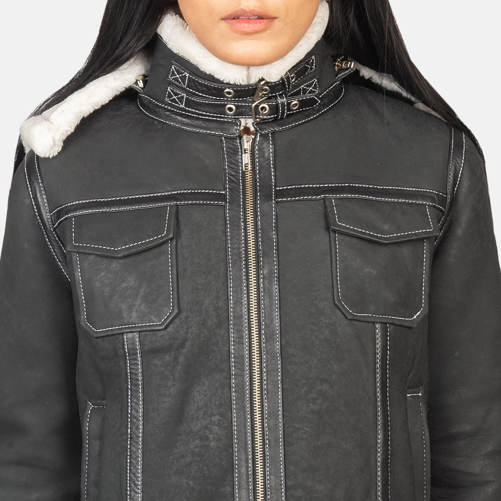 Selene Black Shearling Hooded Leather Jacket for Women