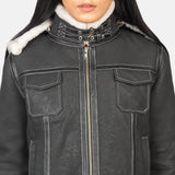 Selene Black Shearling Hooded Leather Jacket for Women