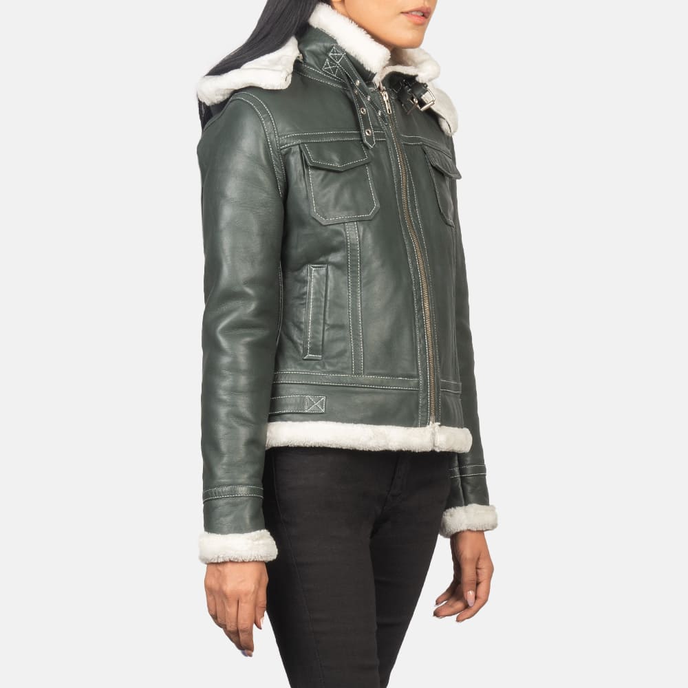 Selene Green Shearling Hooded Leather Jacket for Women