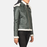 Selene Green Shearling Hooded Leather Jacket for Women