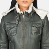 Selene Green Shearling Hooded Leather Jacket for Women