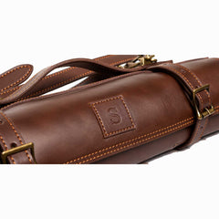 Bravion Brown Leather Roll for 6 Chef Knives Handmade Cowhide Carrier