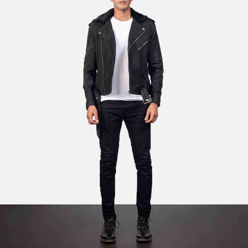 Havencroft Men's Distressed Black Leather Biker Jacket