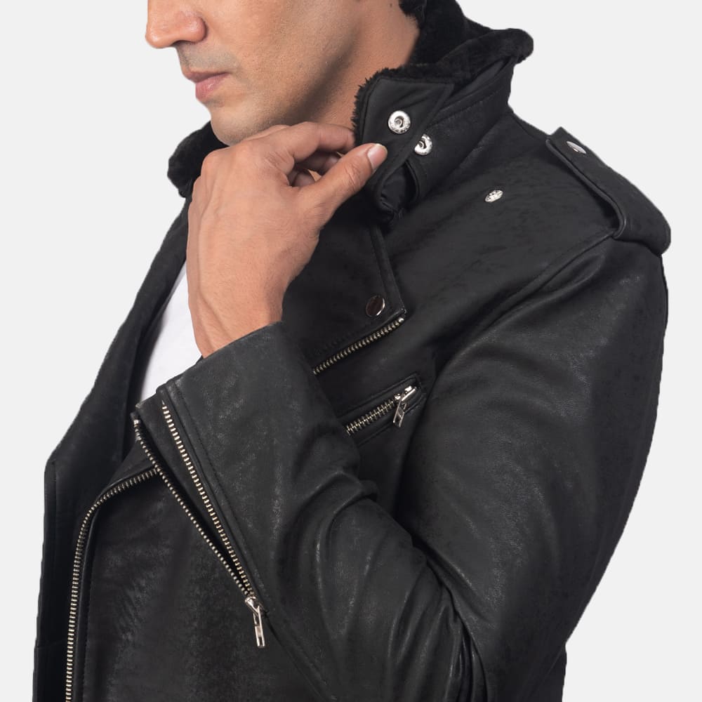 Havencroft Men's Distressed Black Leather Biker Jacket