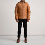 Axel Tan Hooded Leather Puffer Jacket for Men
