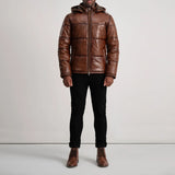 Axel Waxed Brown Hooded Leather Puffer Jacket for Men
