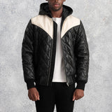 Grayson Black Hooded Bomber Leather Puffer Jacket for Men