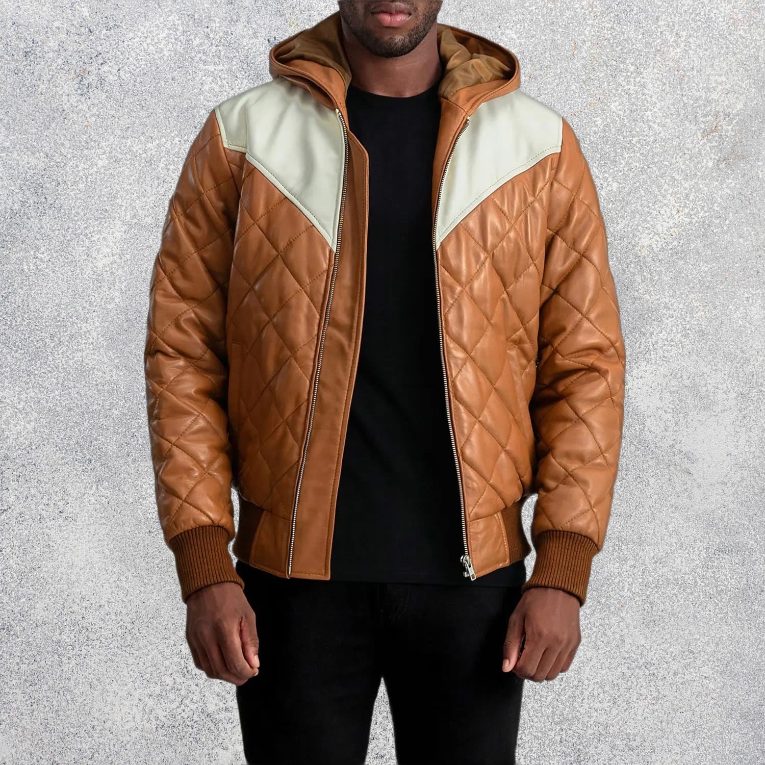 Grayson Tan Hooded Bomber Leather Puffer Jacket for Men