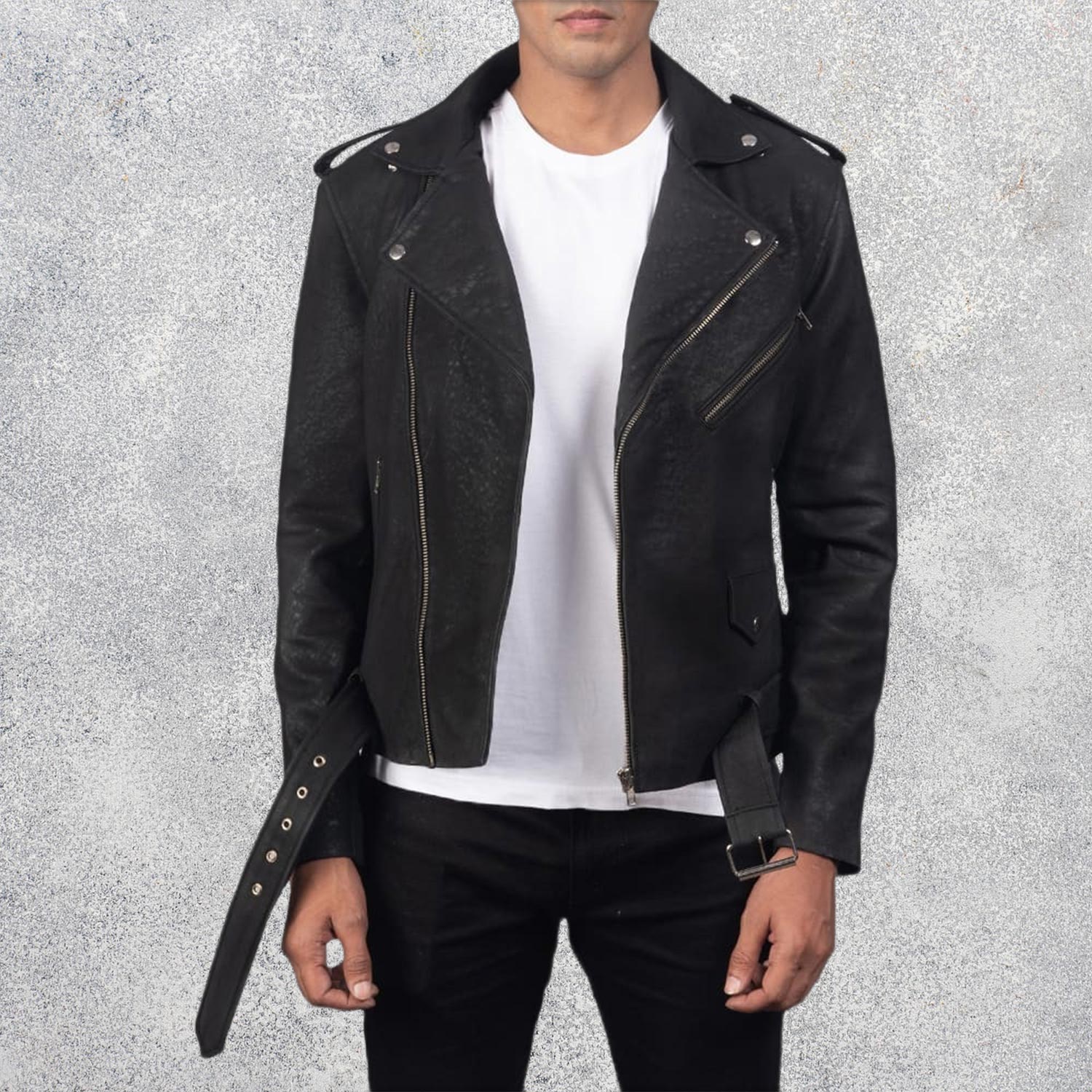 Havencroft Men's Distressed Black Leather Biker Jacket