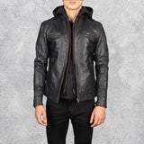 Hector Black Hooded Leather Biker Jacket