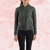 Isolde Green Hooded Leather Bomber Jacket for Women