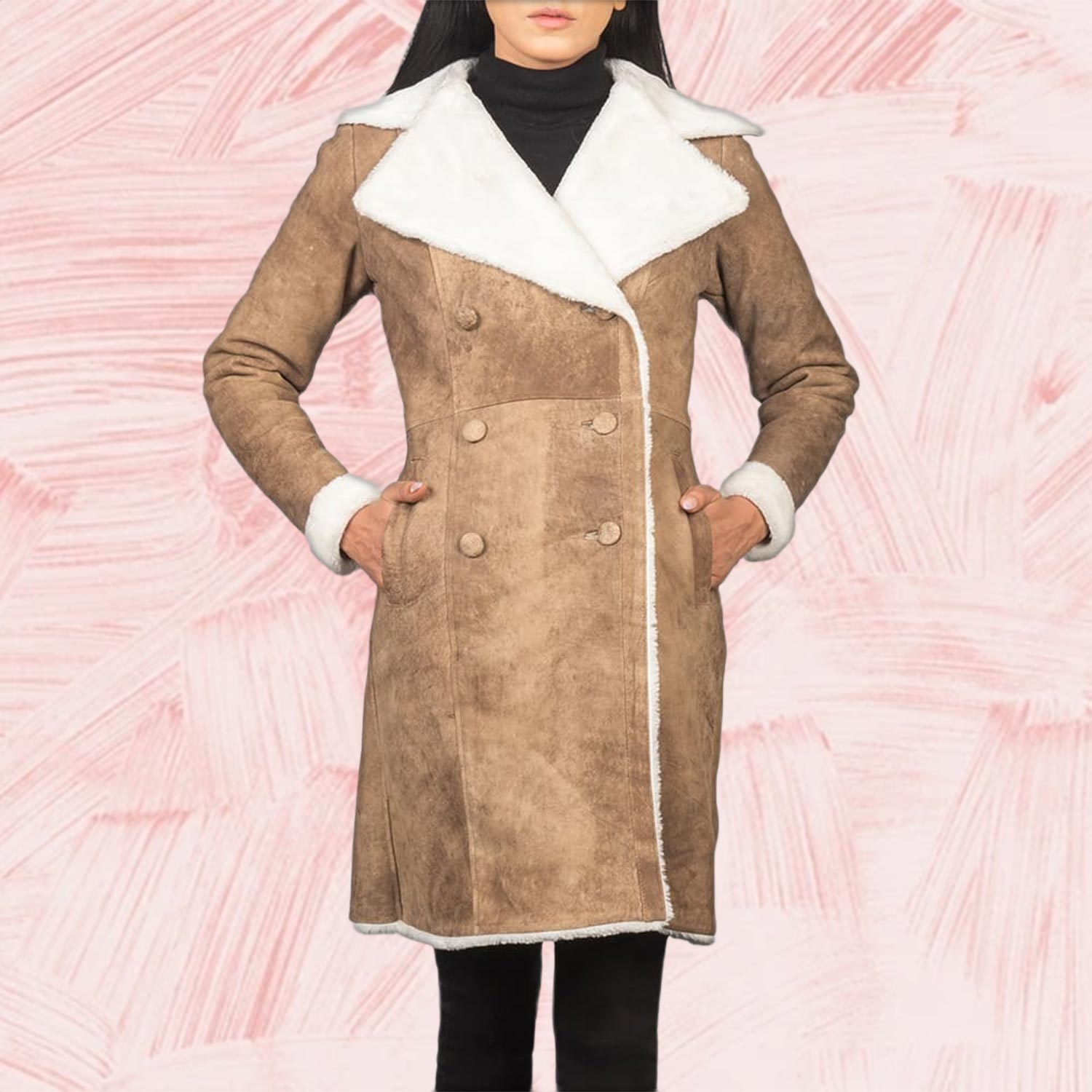Ivy Distressed Brown Double Breasted Shearling Coat for Women