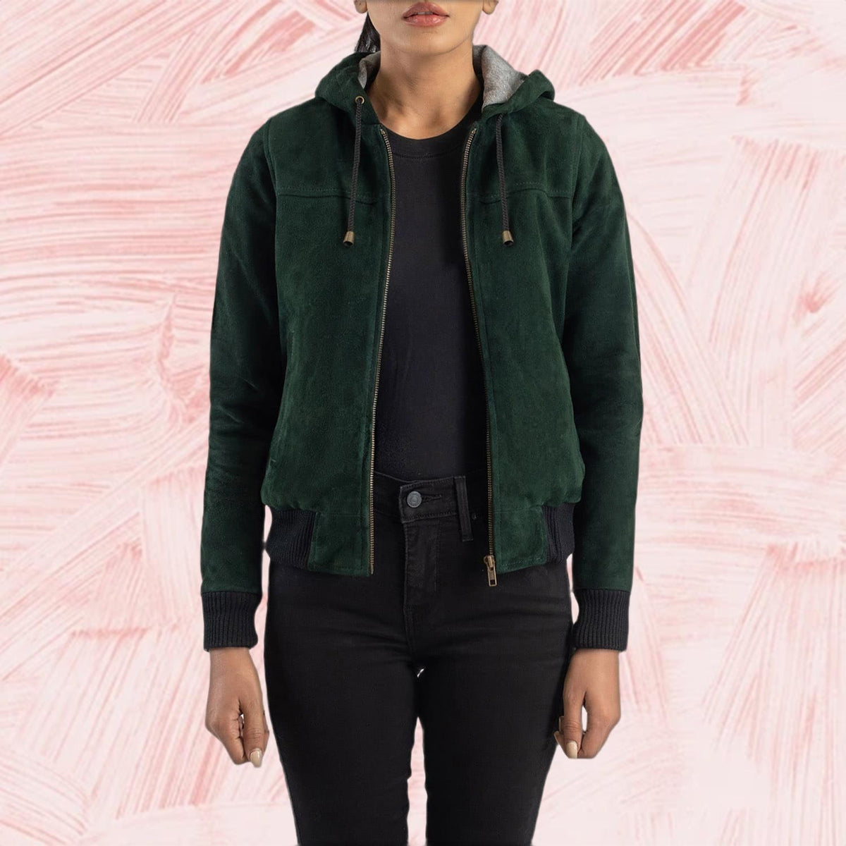Ivy Green Hooded Suede Bomber Jacket for Women