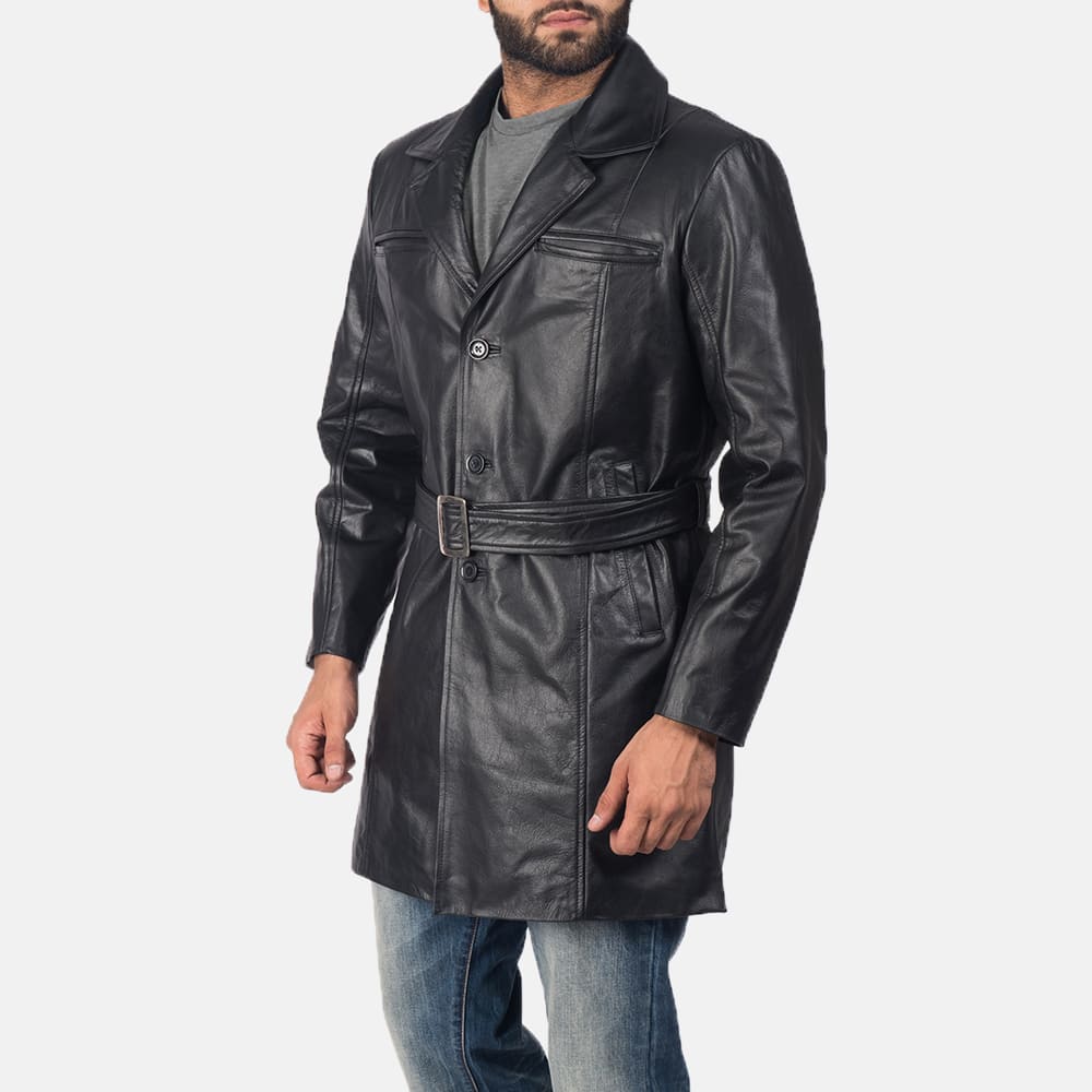 Jordane Black Leather Belted Coat