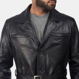 Jordane Black Leather Belted Coat