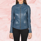 Kelsee Blue Leather Biker Jacket