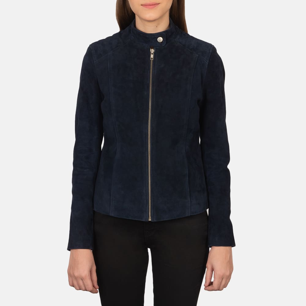 Aubrey Navy Blue Suede Biker Jacket for Women