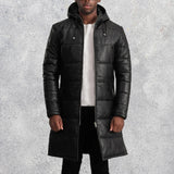 Kian Black Hooded Leather Puffer Coat for Men