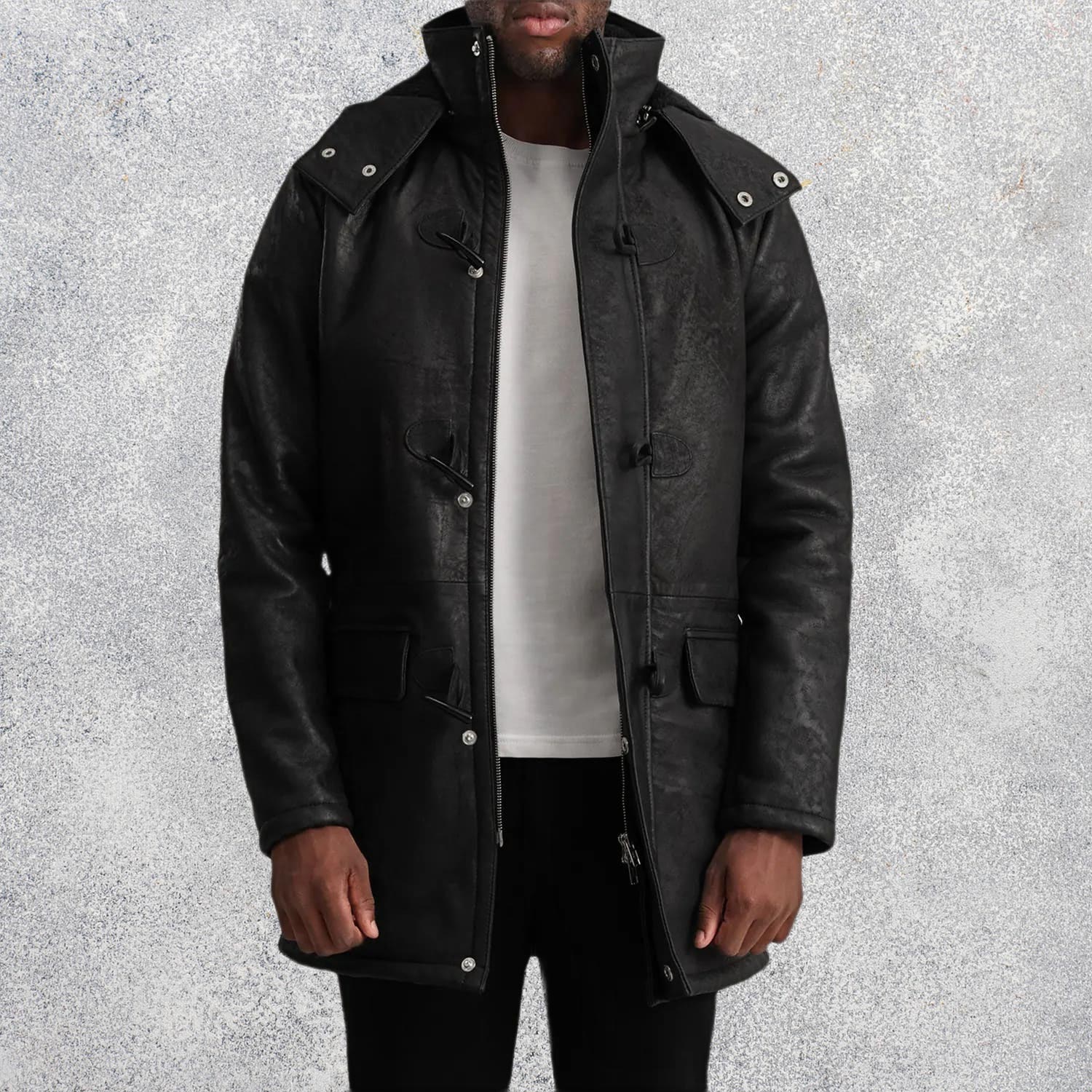 Kieran Black Snuffed Leather Duffle Coat for Men