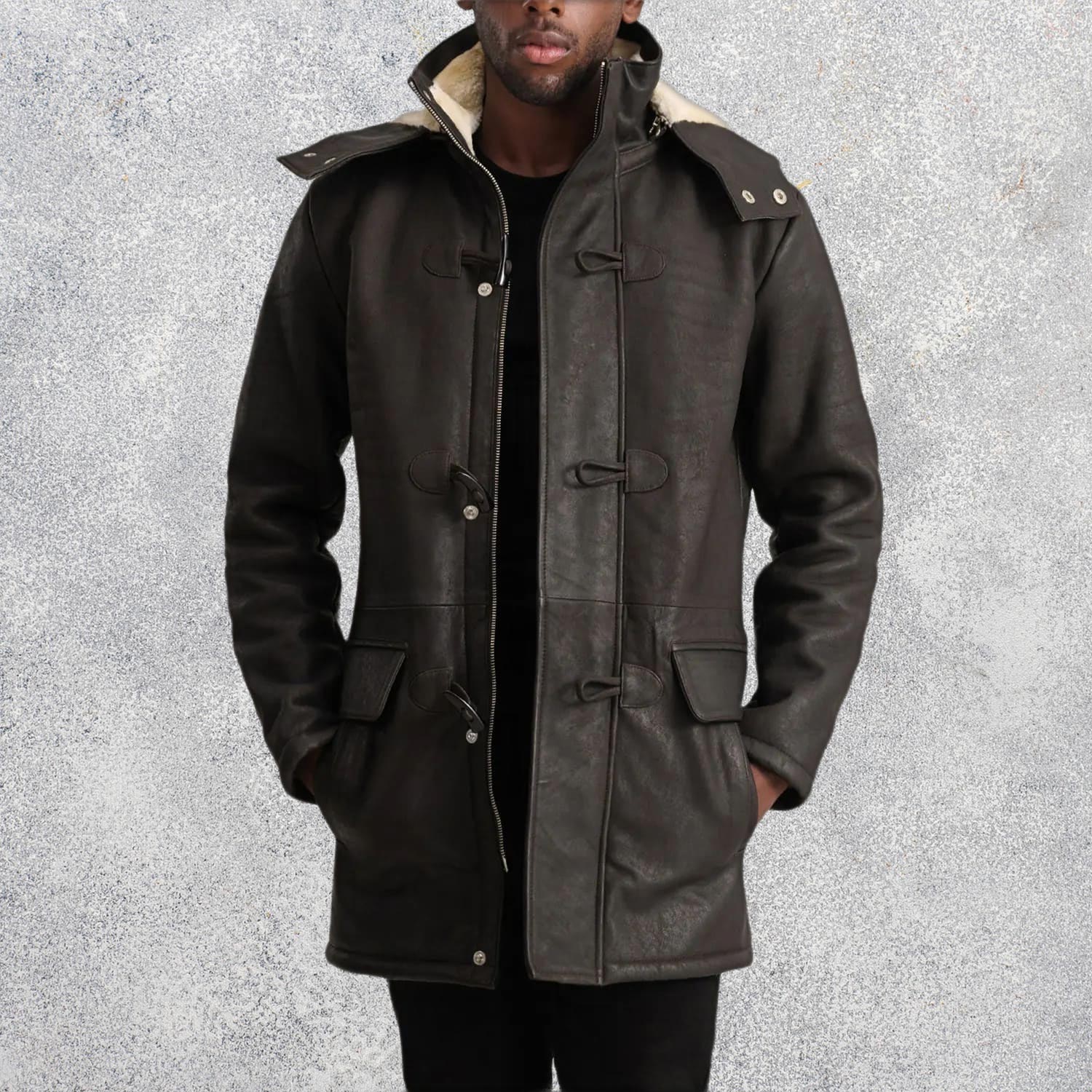 Kieran Tumbled Brown Leather Duffle Coat for Men