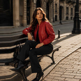 Lady Ravenshire Leather Bomber Jacket Casual Bench Pose