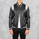 Vandro Black & White Leather Varsity Jacket for Men