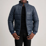 Aiden Blue Leather Puffer Bomber Jacket for Men