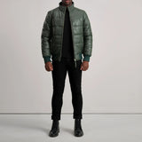 Aiden Green Leather Puffer Bomber Jacket for Men – Bold, Stylish, and Functional