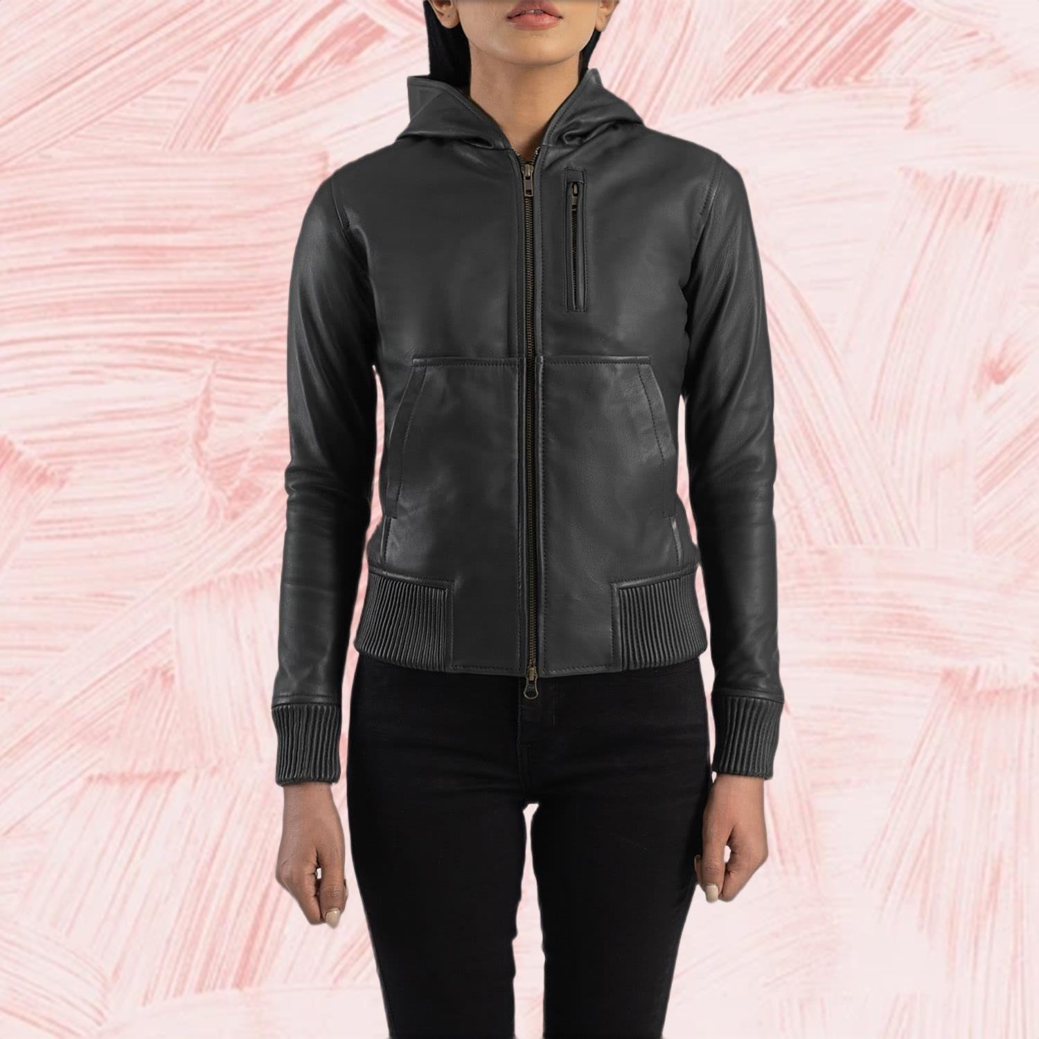 Luna Black Hooded Leather Bomber Jacket