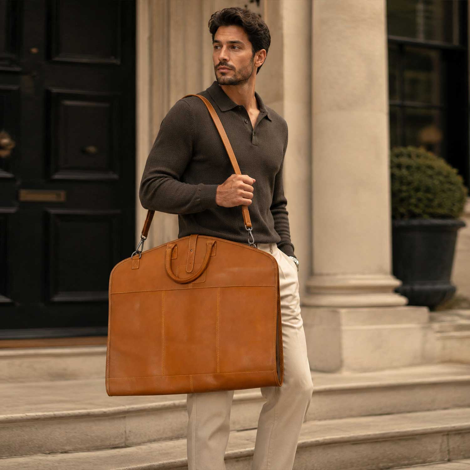 commercial for men's suit travel bag Halfday Carry-On Garment Roller is roomy for suits SaltCo Beaumont Leather Garment Bag