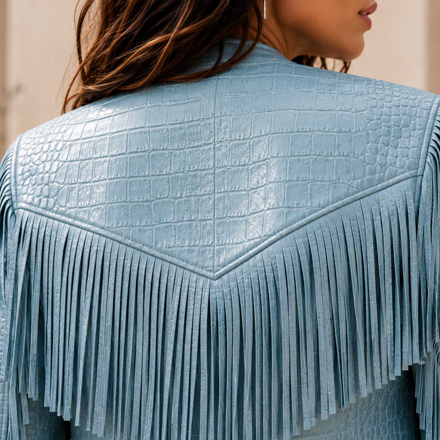 Women's Croc Embossed Fringe Leather Jacket
Luxury Ice Blue Leather Jacket
Premium Crocodile Embossed Leather
Handcrafted Fringe Leather Jacket
Luxury Western Leather Fashion
Genuine Cowhide Leather Jacket
Premium Fringe Craftsmanship
Crocodile Leather Texture Close-Up
Shoulder Fringe Detail
Front Fringe Detail
Back Fringe Detail
Premium Leather Sleeve Detail
Luxury Editorial Leather Style
Designer Western Fringe Jacket
SaltCo Aurora Leather Collection